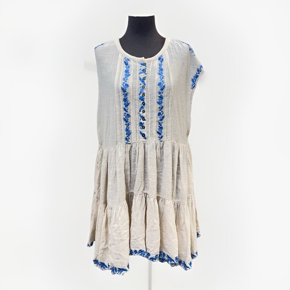 FREE PEOPLE Santiago Dress Women S Ivory Blue Embroidered - FLAW Altered